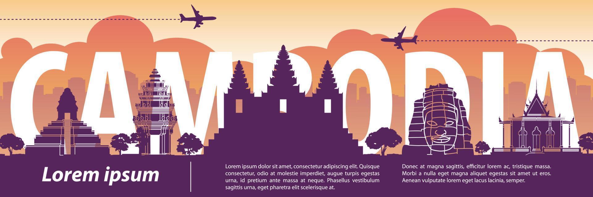 estilo de silueta de hito famoso de camboya con texto dentro vector