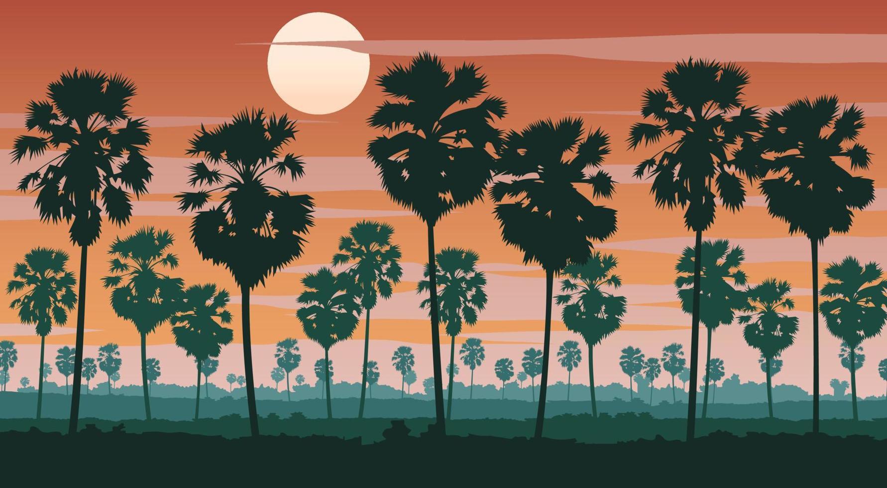 Silhouette scenery of landscape of Asia on tropical area with palm tree forest vector