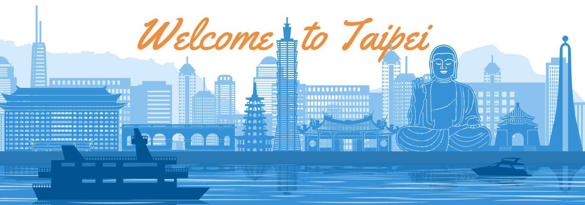 punto de referencia famoso de taipei con diseño de color azul y blanco vector