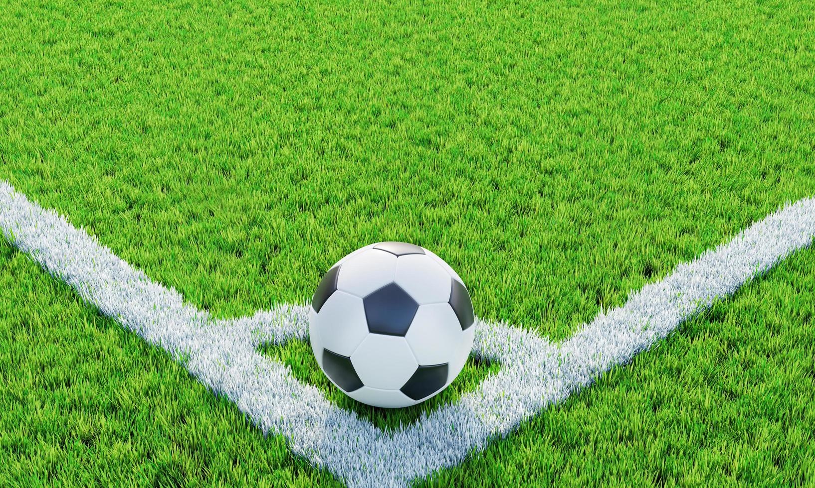 césped o campo de fútbol con césped verde suave y espeso. un balón de fútbol estampado estándar colocado para tiros de esquina. campo de fútbol de vista superior. fondo o fondo de pantalla. césped 3d. representación 3d foto