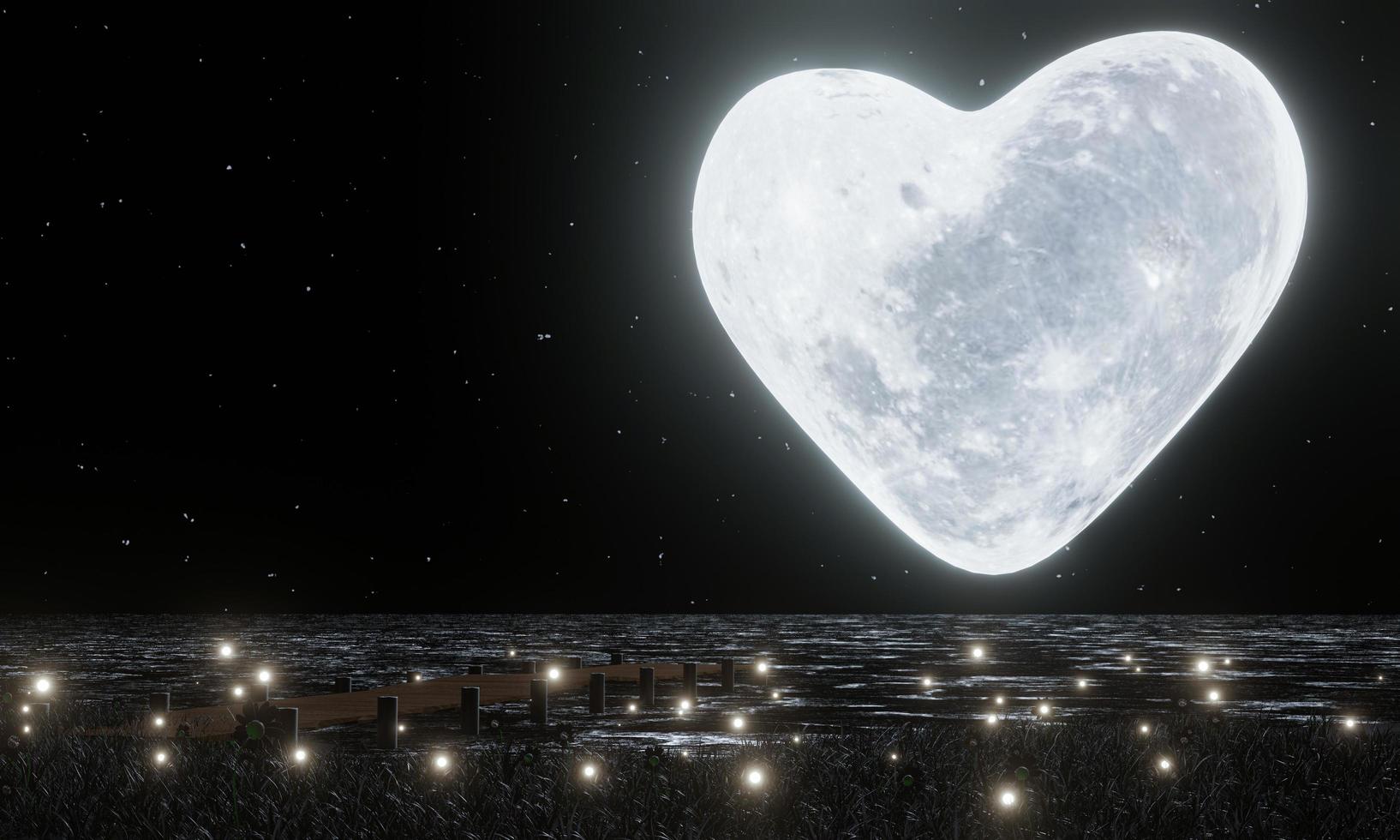 una luna llena en forma de corazón con estrellas llenas en el cielo. la luna reflejada en la superficie del agua. luciérnagas en la hierba, hay flores en el campo. ambiente romántico de san valentín. representación 3d foto