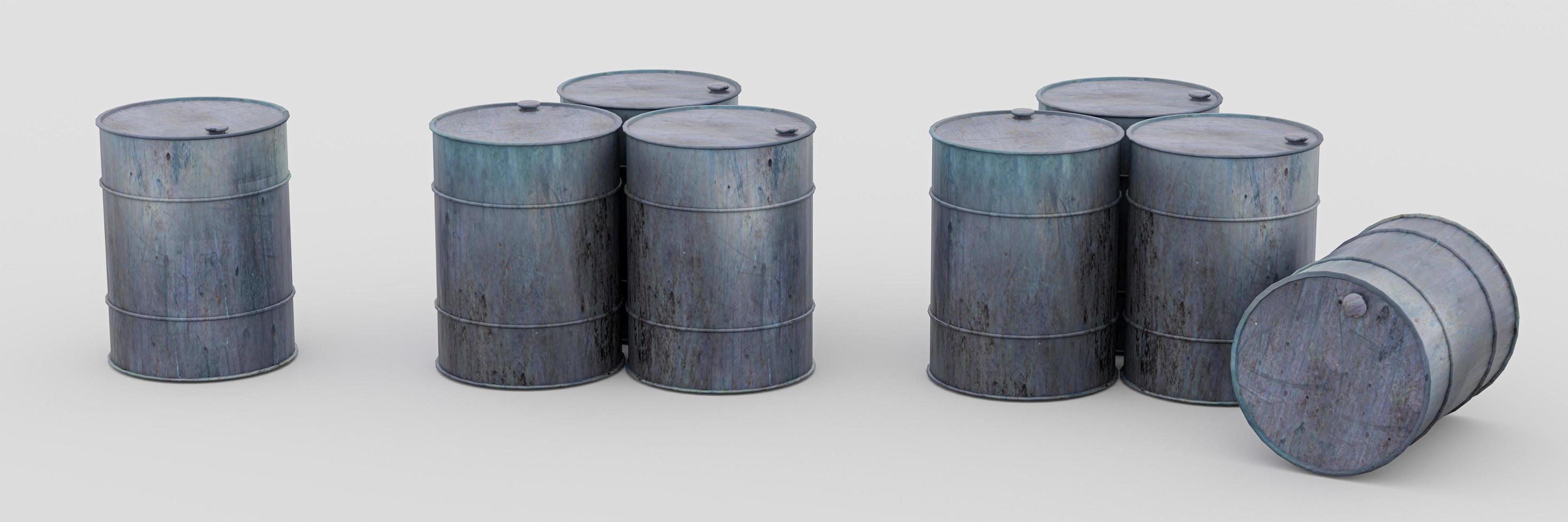 Oil barrel with rusty, leaking oil drum. Isolated on white background. 3D Rendering photo