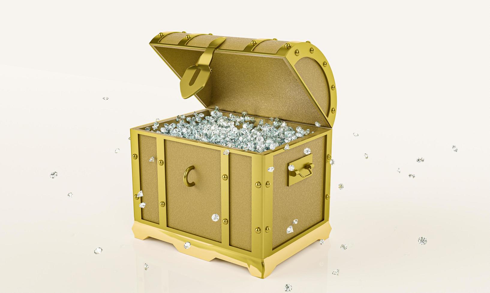 Many diamonds in  golden vintage treasure chest use for Gem storage box. Isolated on white background and wallpaper. 3D Render. photo