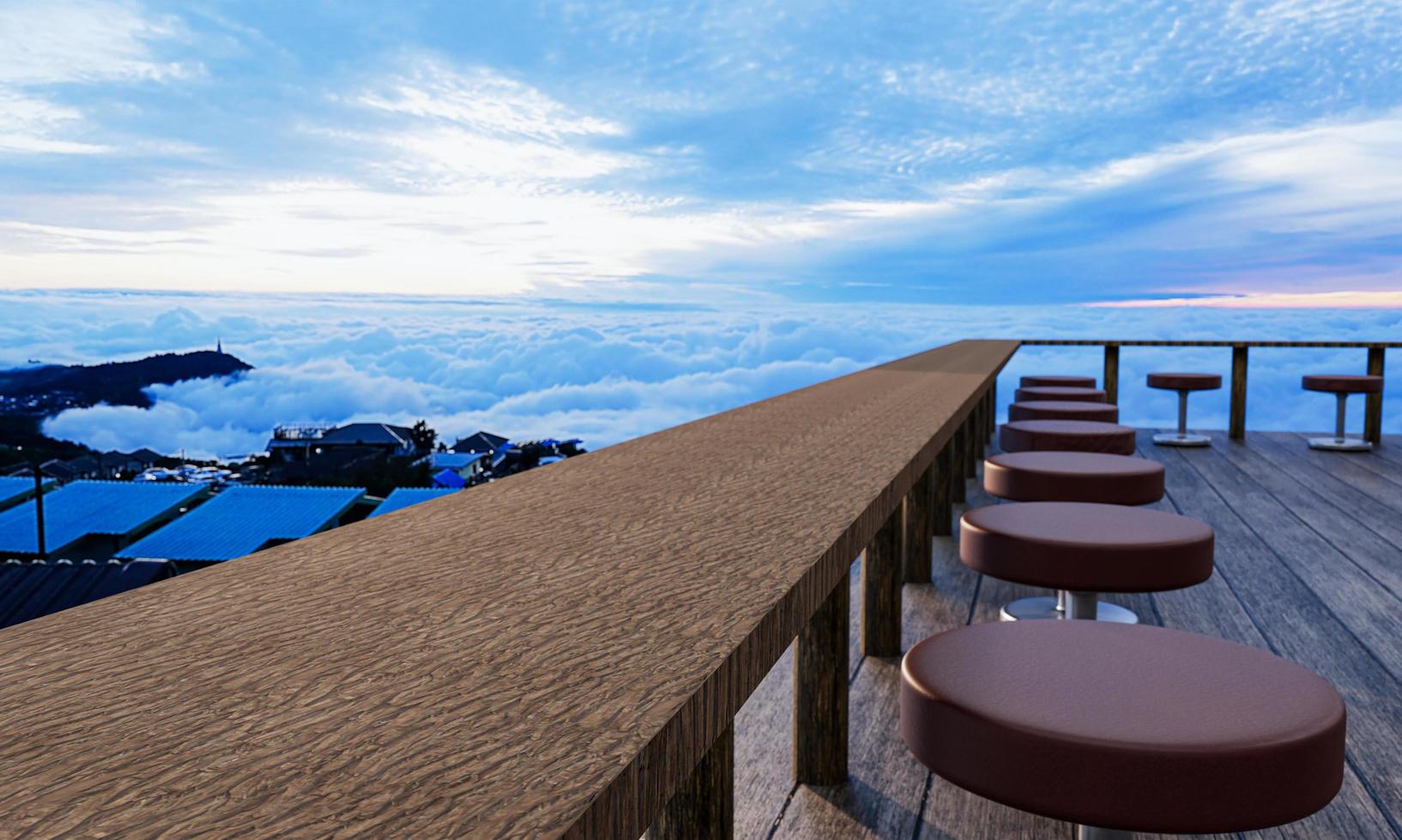 Wooden table and chair set On the wooden terrace at the mountain top restaurant there is a sea of mist in the background. Sea of fog, Phu Thap Berk Tourist Attraction, Thailand.3D Rendering photo