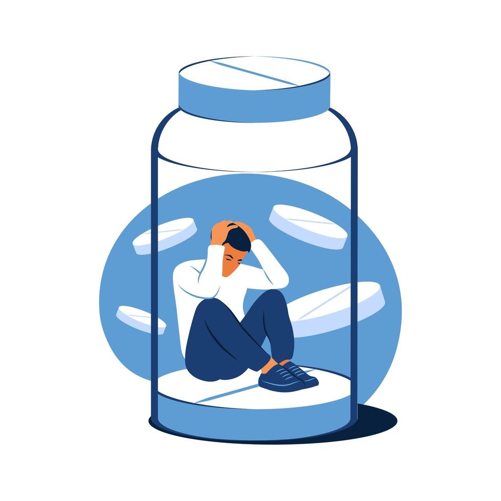 Concept of antidepressants. Depressed man is sitting trapped in a pill bottle. Medicine. Addiction. Flat. Vector illustration.