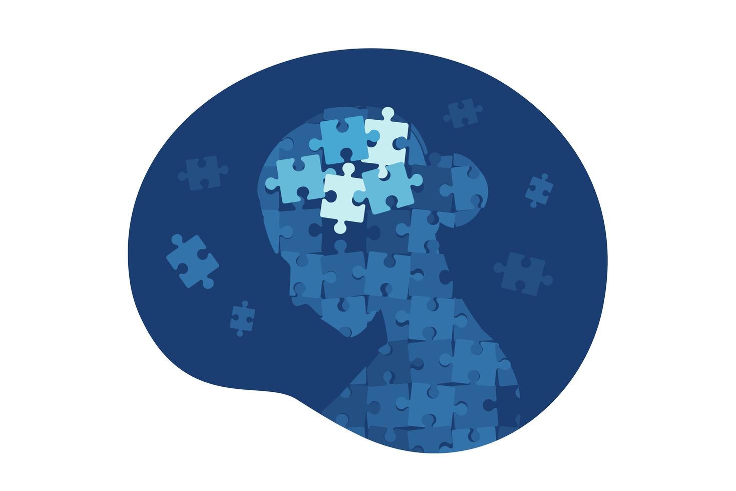 Mental illness and disorder concept. Head head profile with puzzle pieces falling apart. Vector illustration. Flat