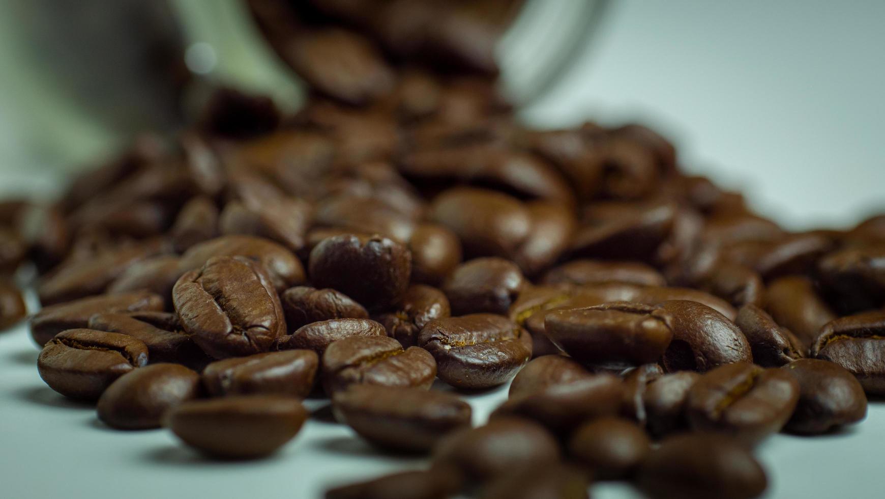 los granos de café tostados se preparan para la molienda que se vierte de una botella de vidrio colocada sobre un fondo blanco para hacer café recién hecho o entrar en una máquina de espresso o en una cafetera moka foto