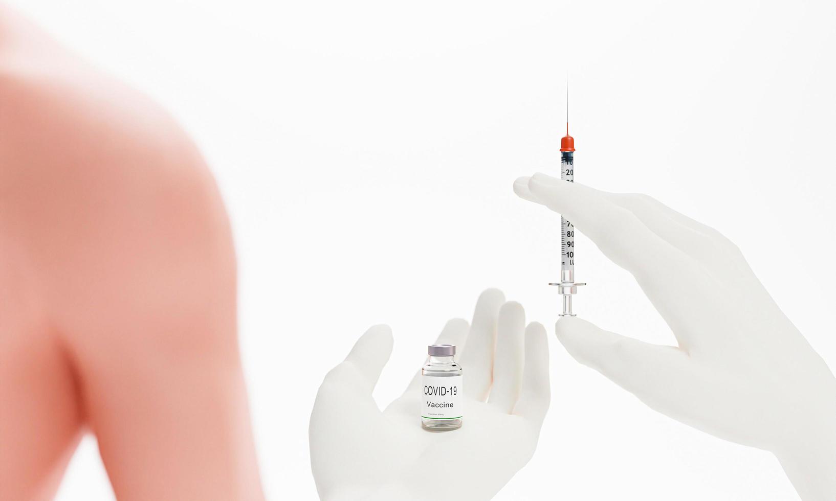 Medical worker in white rubber gloves holds Syringe and Vaccine against Covid-19. Immunity from the global coronavirus With vaccination. Prepare to inject into the shoulder or upper arm. 3D Rendering photo