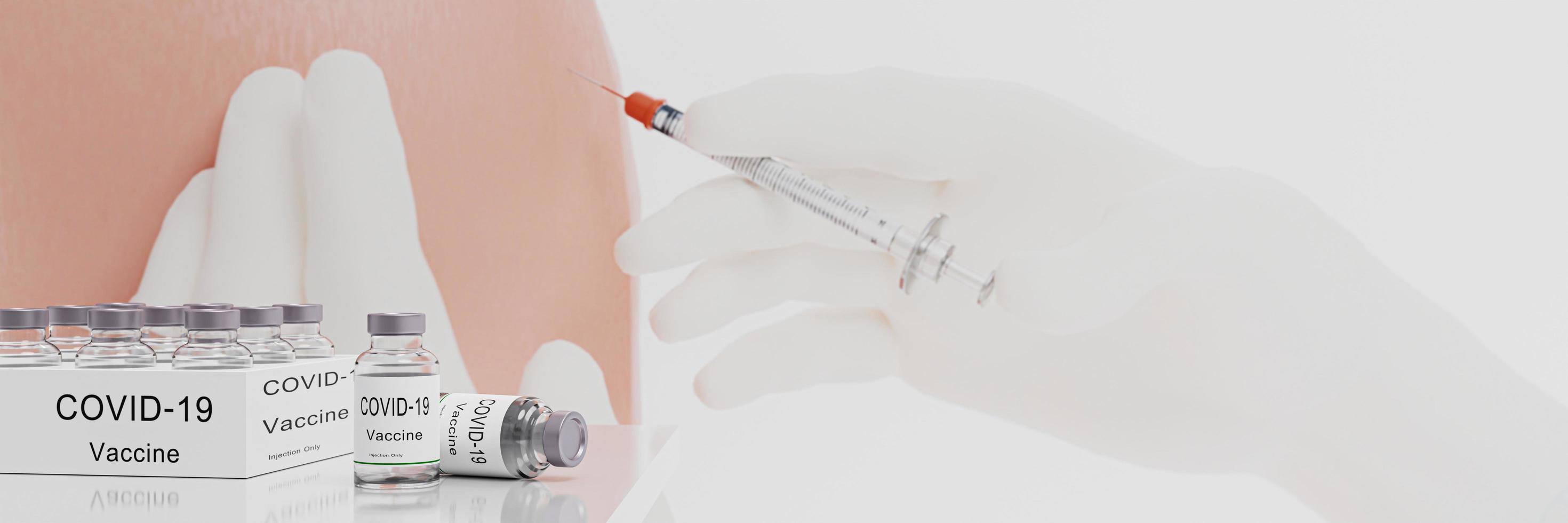 Vaccination vial for protection against Covid-19 or coronavirus. Blur medical worker in white rubber gloves holds Syringe and Vaccine.  Prepare to inject into the shoulder or upper arm. 3D Rendering photo