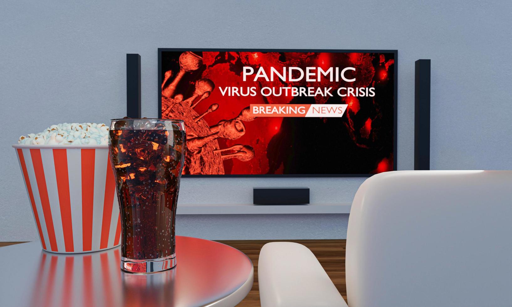 cine en casa con comida y bebida. palomitas de maíz y cola en vidrio transparente sobre la mesa. uso de equipos de audio de tv de pantalla de pared grande para mini cine en casa. noticias de última hora para el brote pandémico de coronavirus covid-19 foto