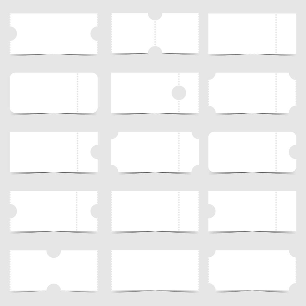 Ticket template set. Blank ticket or empty ticket with detachable or tear off part. Ticket mockup in different forms for entrance to event, concert, cinema, theatre, circus, exhibition, show or party. vector