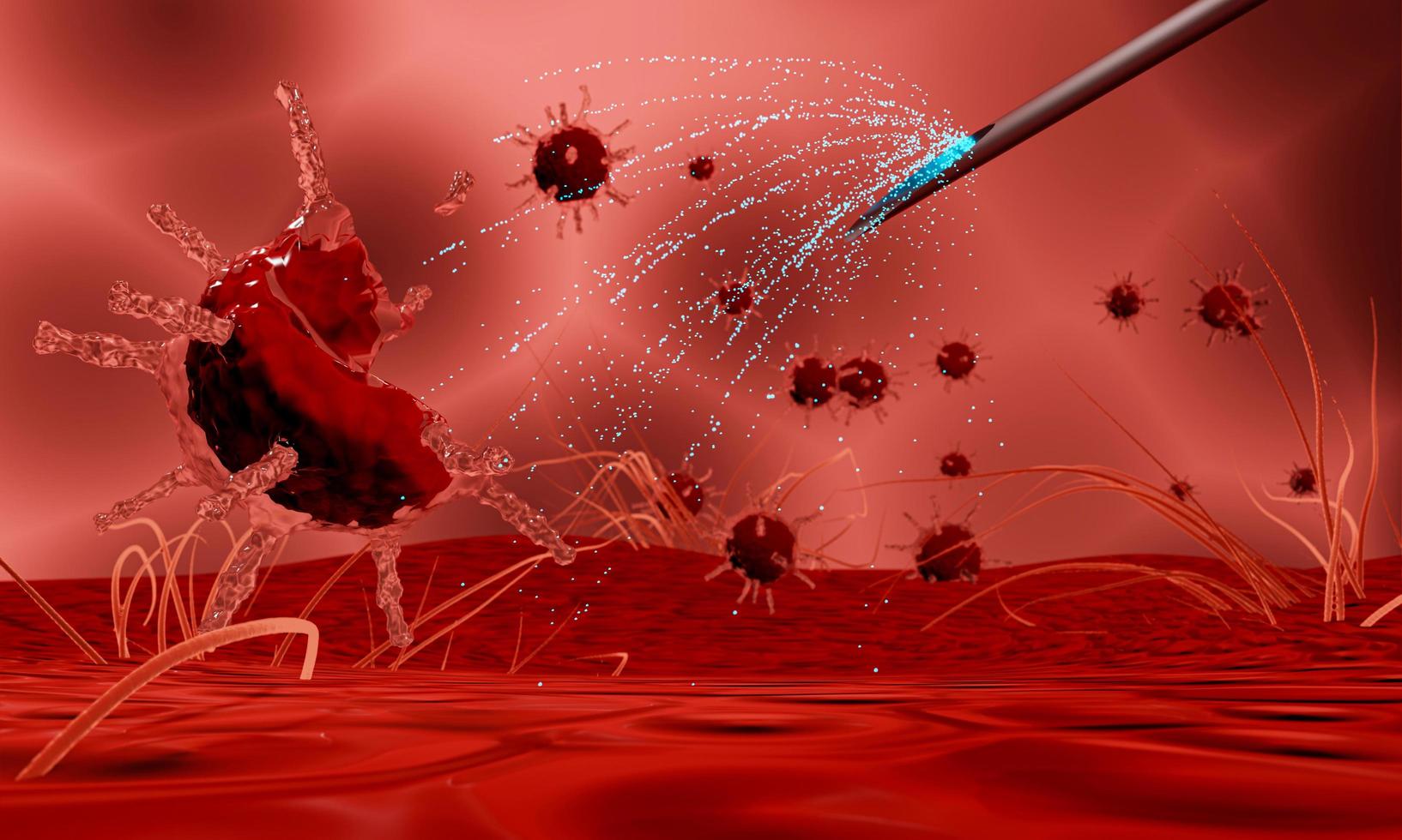 prevención y tratamiento de vacunas covid-19. escenario de tratamiento de virus con vacuna epidémica de coronavirus. los patógenos o virus son destruidos por drogas mediante jeringas. representación 3d foto