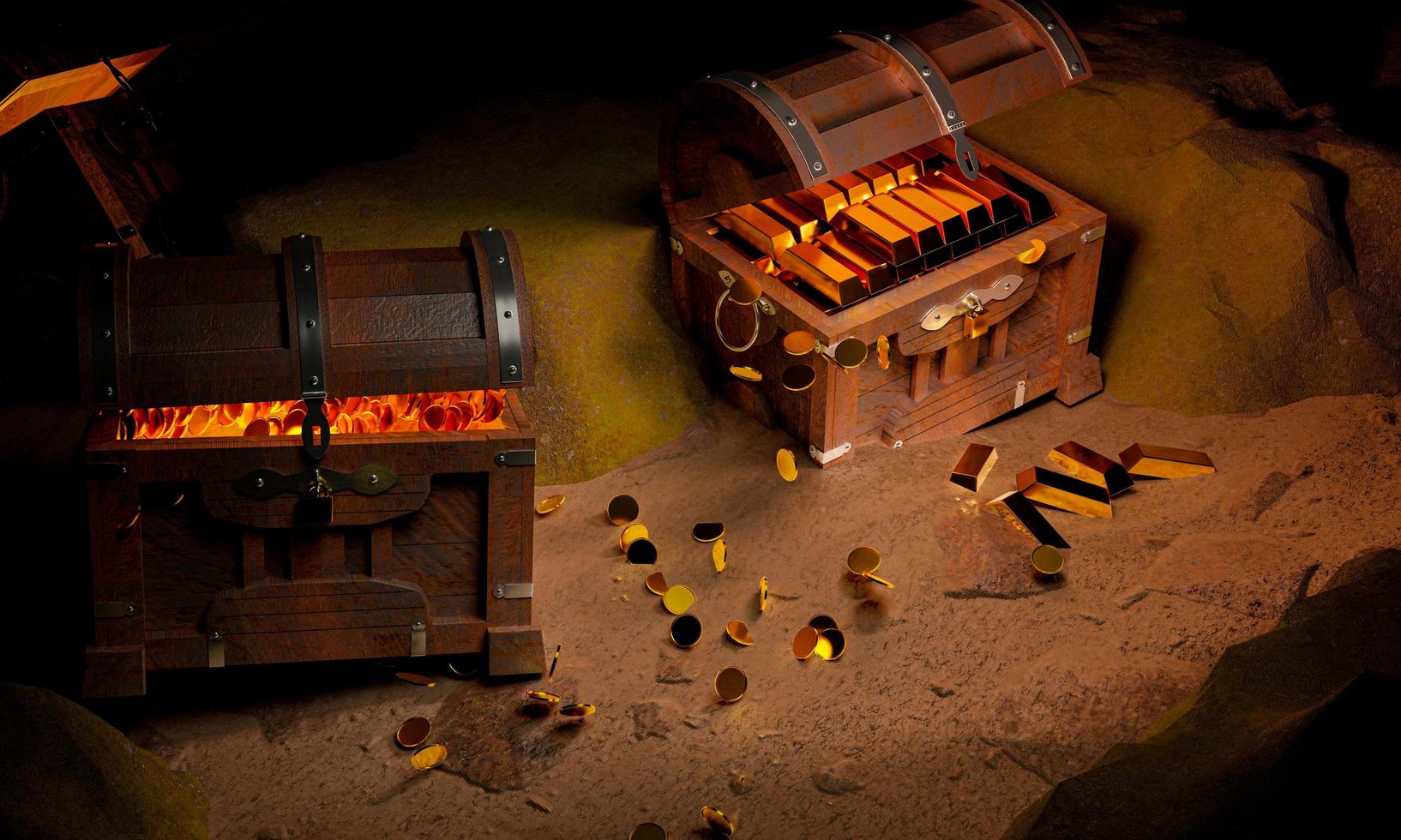 Golden Coins and cube in the Ancient and vintage treasure chest made of wooden panels Reinforced with gold metal and gold pins Treasure boxes placed on the sand in a cave or treasure chest underwater. photo