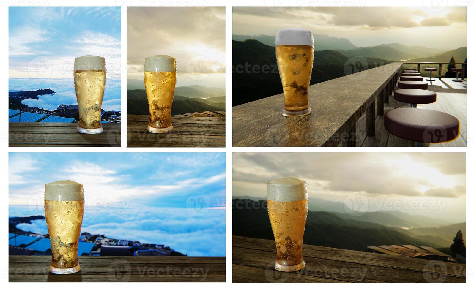 Set of Clear beer glass with full cold beer and foam at the mouth of the glass And water droplets adhere to the edges. Plank or wood surface and with sea of mist in the morning sun. 3D Rendering photo