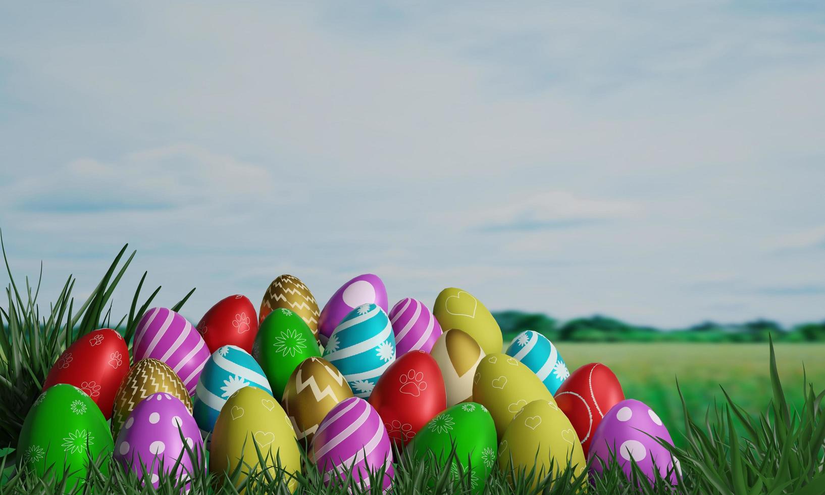 Color full Easter eggs on  green grass with white cloud blue sky . blurred natural background photo