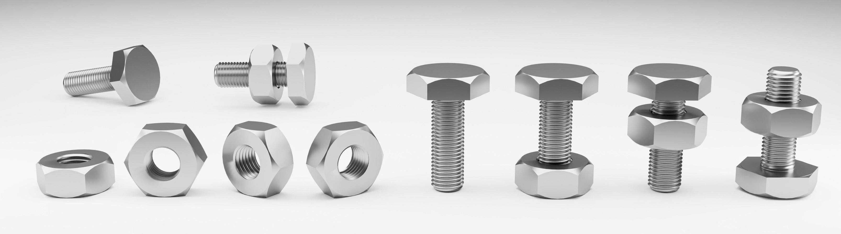 Bolt and nut set. Silver nuts on a white background. 3D Rendering. photo