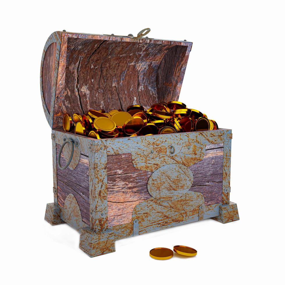 Golden coins in Old broken vintage pirate treasure chest. Rotten and broken. Storing valuables Made of cracked wood And rusted metal texture Isolated on white background and wallpaper.3D Rendering. photo