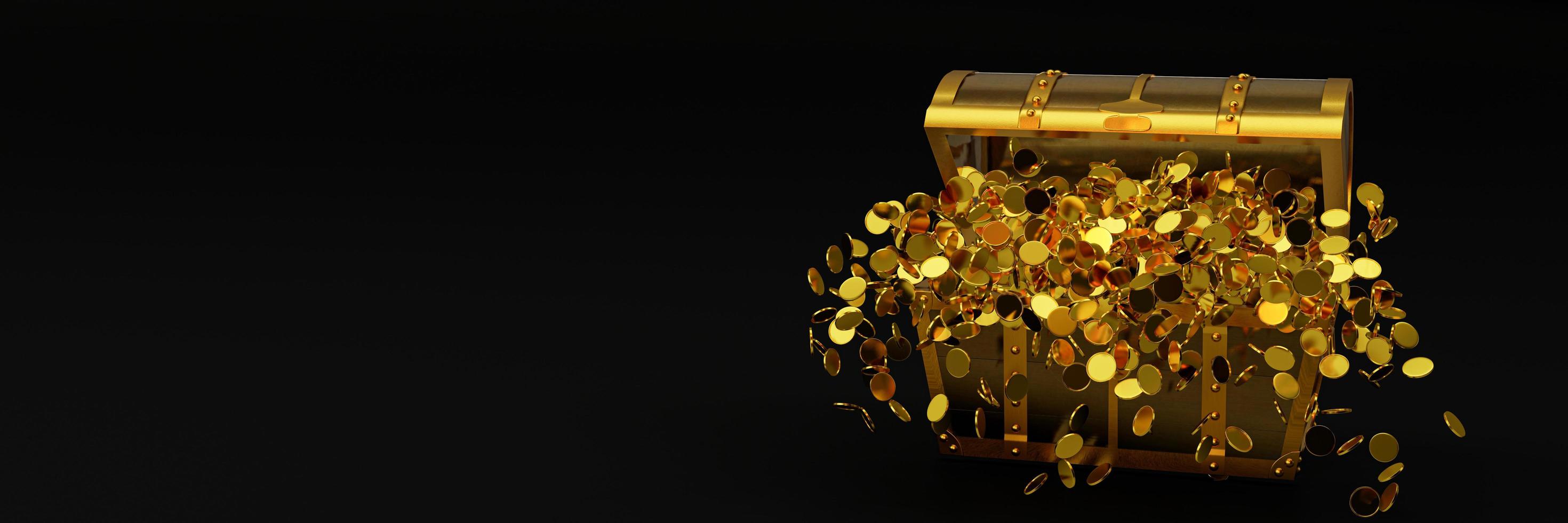 Many distribute gold coins flew from the treasure chest. A treasure chest made of gold, luxurious, expensive. An ancient treasure box opened with gold coins ejected. 3D Rendering. photo