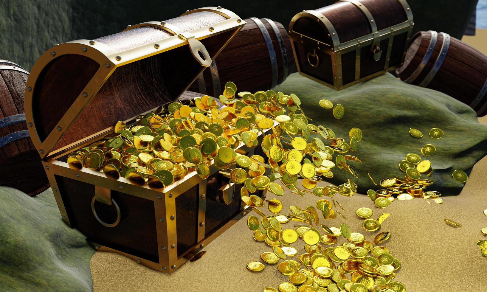 Gold coins are scattered from boxes or treasure chests. wooden treasure chest put on the beach at a deserted island in the theme of Pirate treasure. 3D rendering photo