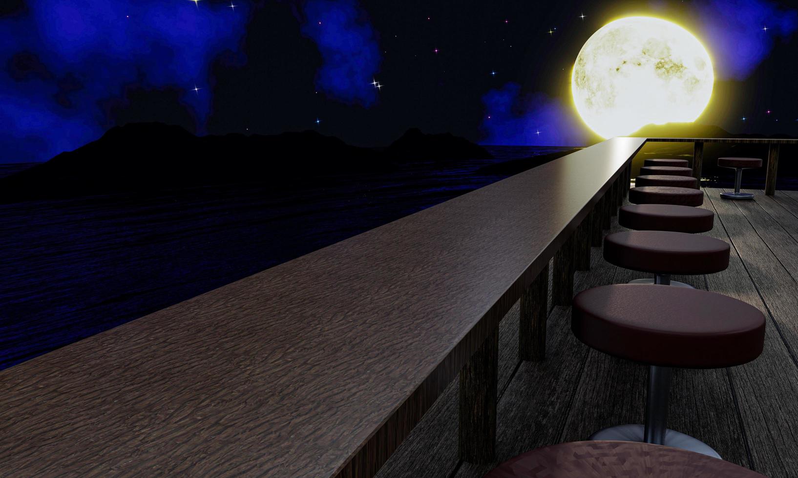 Asientos de fila larga, mesas de madera en la cubierta de tablones es una terraza o balcón. una mesa de comedor admira la luna llena y el mar por la noche. las estrellas brillan en el cielo. representación 3d foto