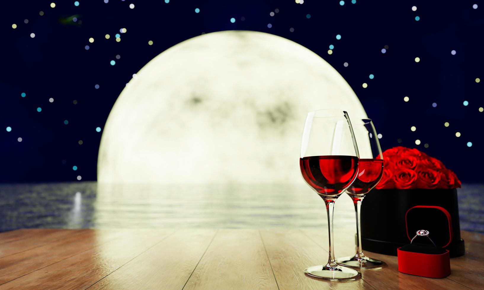 vino tinto en vidrio transparente en la cubierta de madera brillante. pareja de escena romántica para una propuesta de matrimonio. Ramo de rosas. anillo de diamantes. fondo luna llena noche naturaleza. reflexiones sobre el mar. representación 3d foto