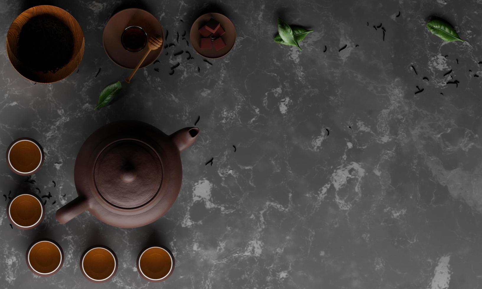 Brown clay teapot and teacup have tea in the cup. The tea ingredients have dried tea leaves in a wooden cup, honey, and brown sugar cubes in the dish. Cement surface or white plaster. 3D Rendering photo