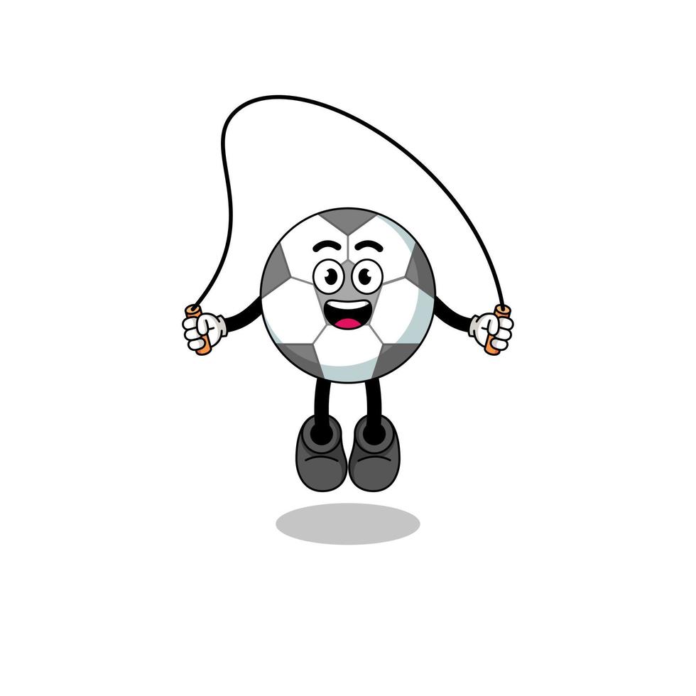 La caricatura de la mascota del balón de fútbol está jugando a saltar la cuerda vector
