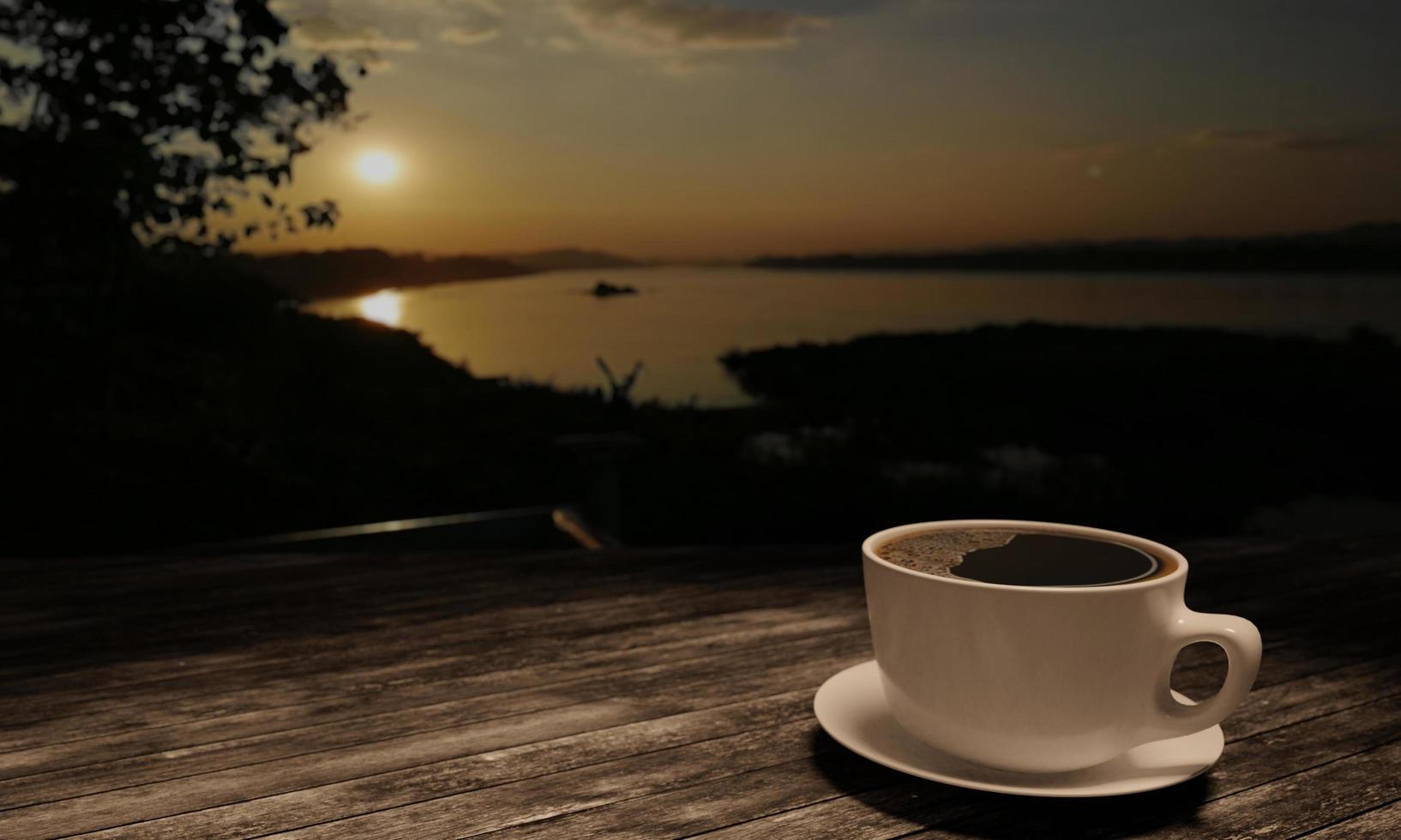 Black coffee in white cup on wooden surface table. Blur Mekhong river at Chaing Khan for background. Copy space work desk and  travle concept. 3D Rendering. photo