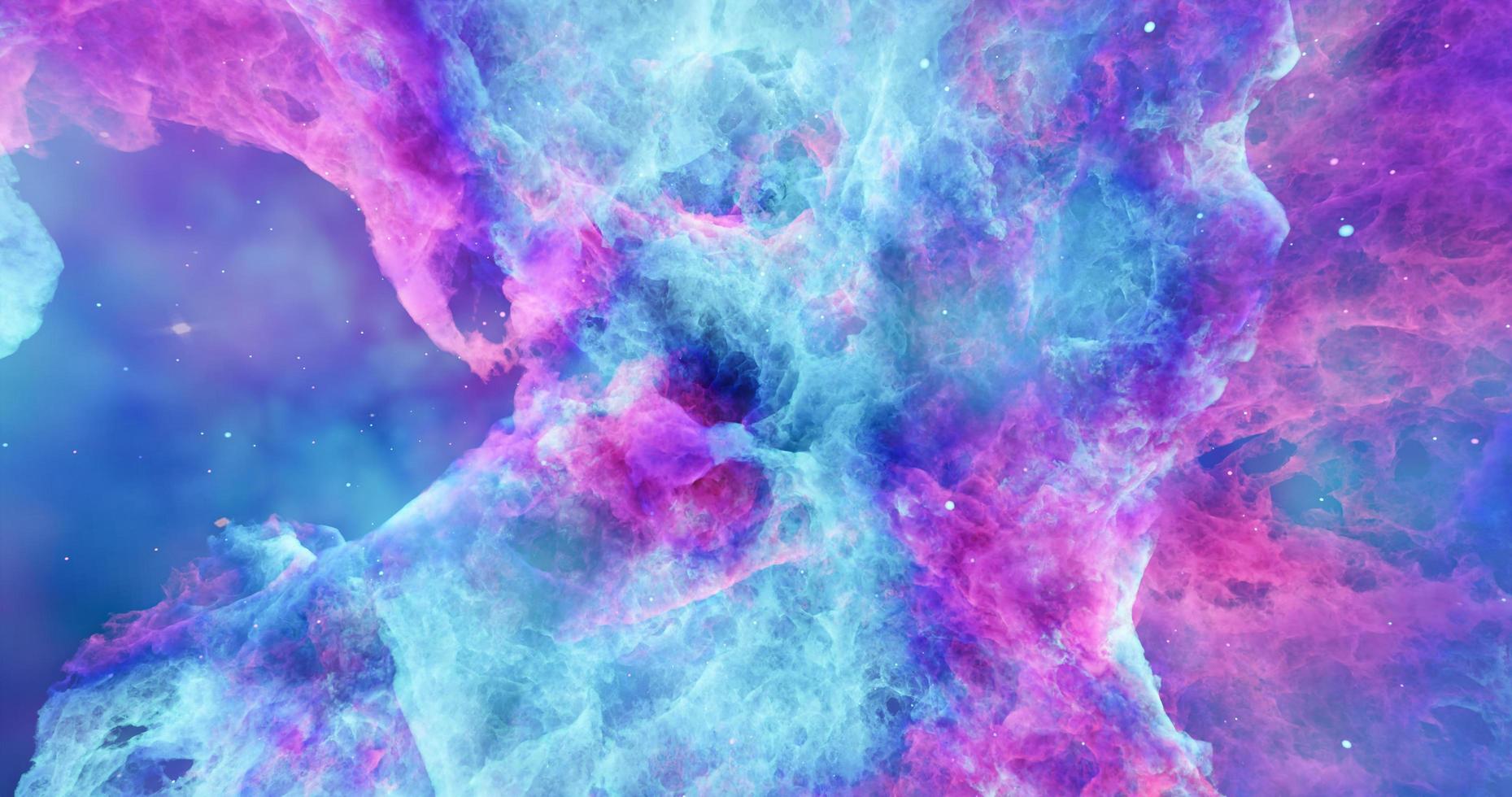 nubes de aerosol, neblina espacial o rayos cósmicos, rosa, azul pastel, cielo espacial con muchas estrellas. viajar en el universo. representación 3d foto