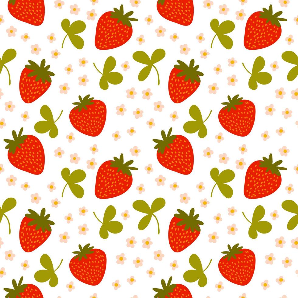 Vector seamless pattern. Sweet red fruit berry with flowers and leaves. Summer background for social medai. Promotion of food market, local shops. For printing on paper and fabric, banners, wallpaper.