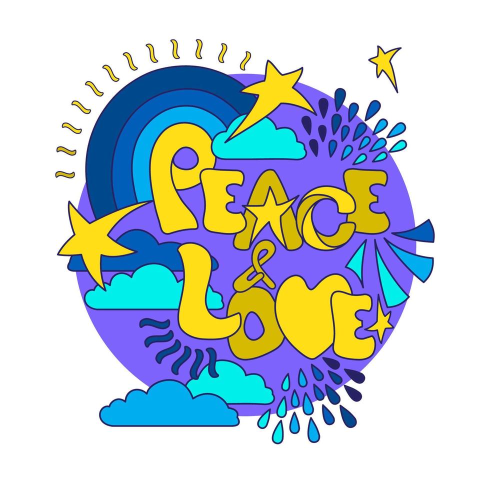 Peace and Love. Drawn Letters, Stars, Clouds, Abstract Elements. Vector. vector