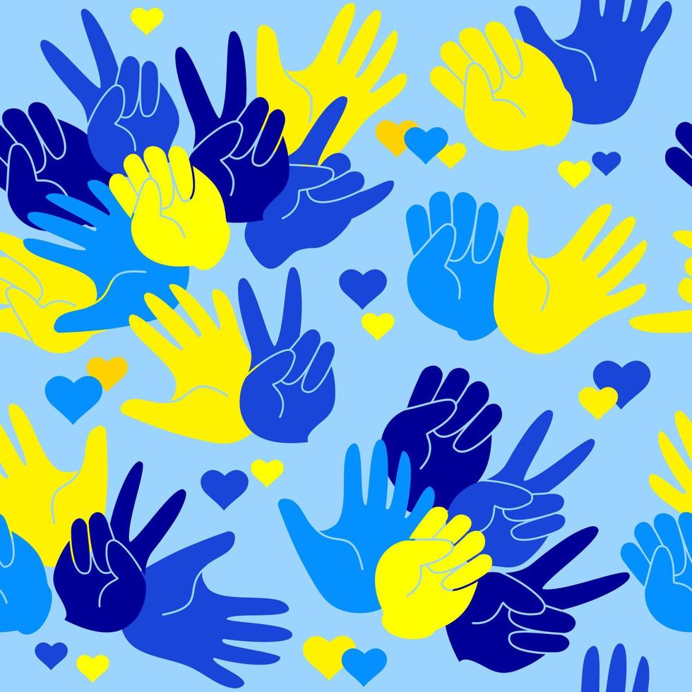 Palms and Hearts, Yellow and Blue Colors. Seamless Pattern. Vector. vector