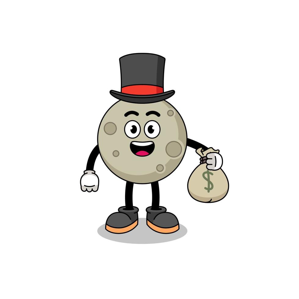 moon mascot illustration rich man holding a money sack vector