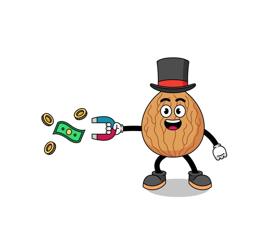 Character Illustration of almond catching money with a magnet vector