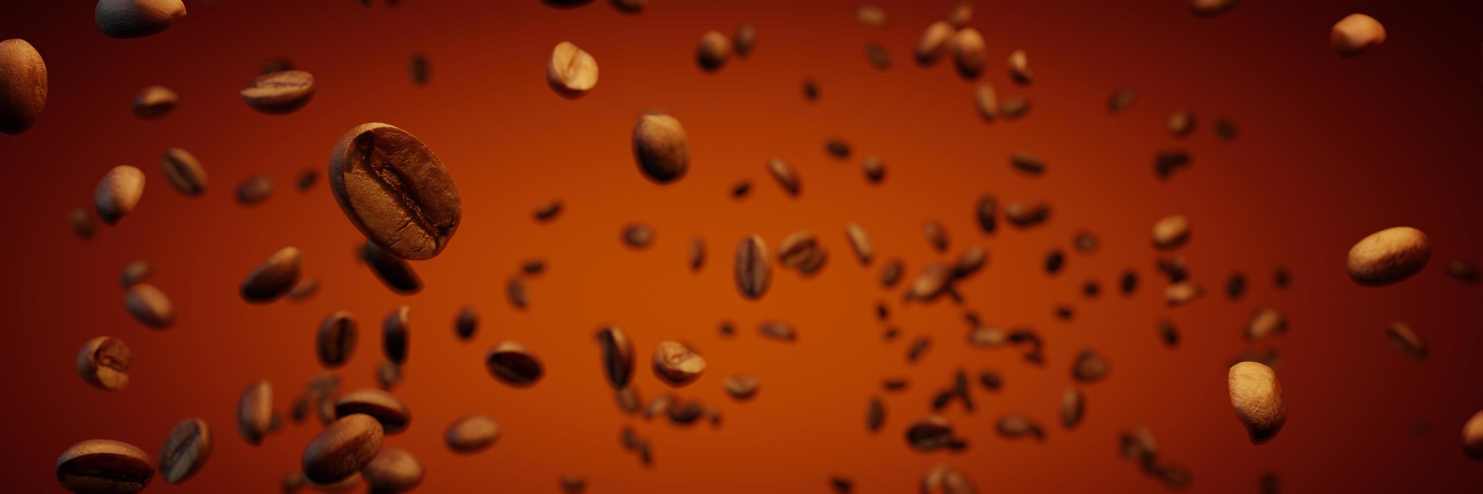 Masses of freshly roasted coffee beans rise from the bottom. Coffee beans spread in the air. 3D Rendering photo