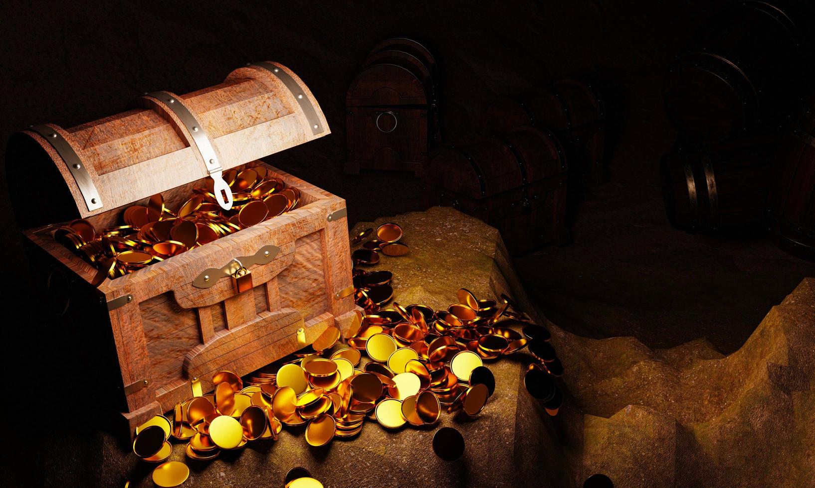 Golden Coins and vintage treasure chest made of wooden panels Reinforced with gold metal and gold pins Treasure boxes placed on the sand in a cave or treasure chest underwater. 3d Rendering photo