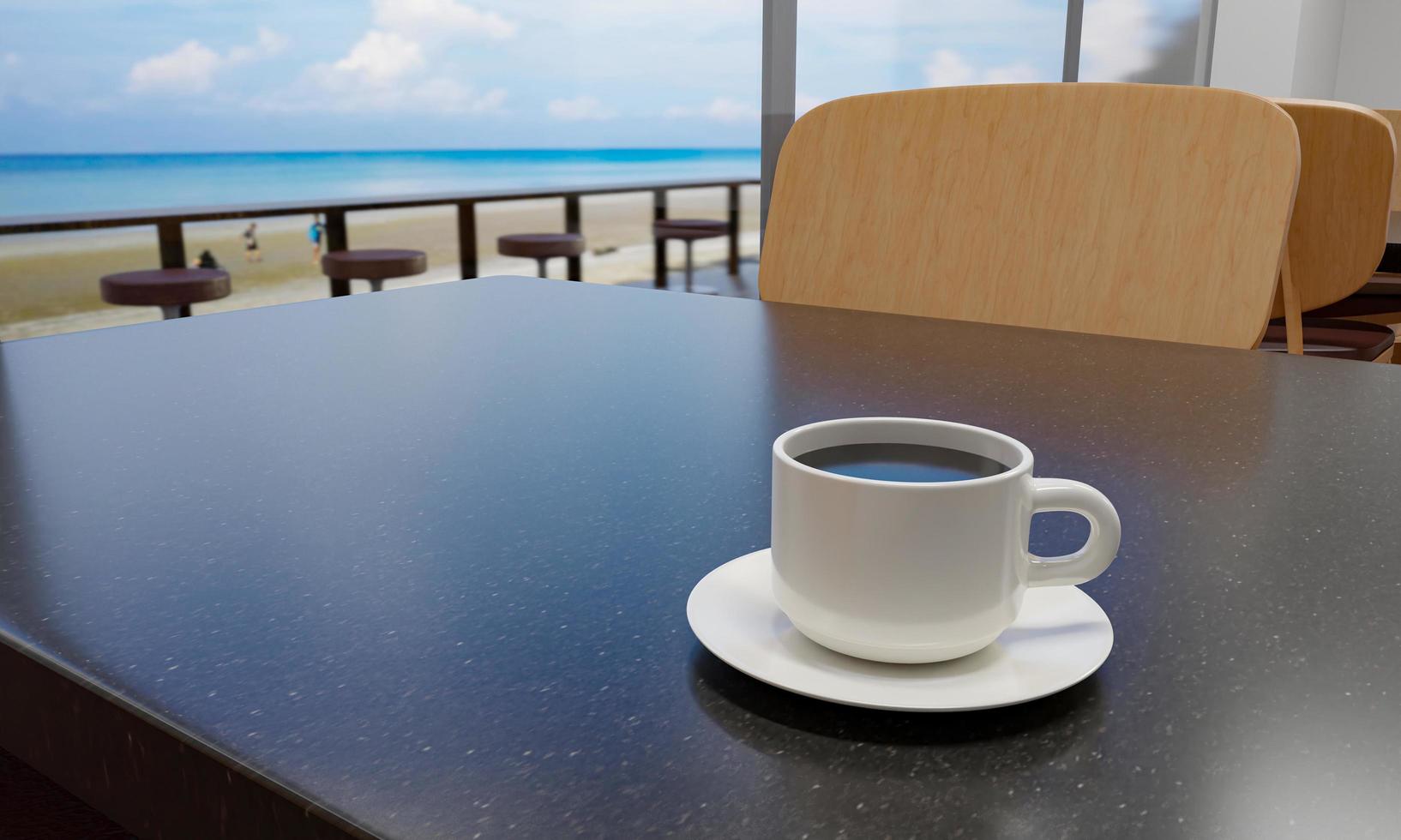 Black coffee in a white mug on a marble patterned table. The coffee shop or restaurant has a balcony overlooking the beach. Sea and beach view Blue sea and clear sky. 3D Rendering photo