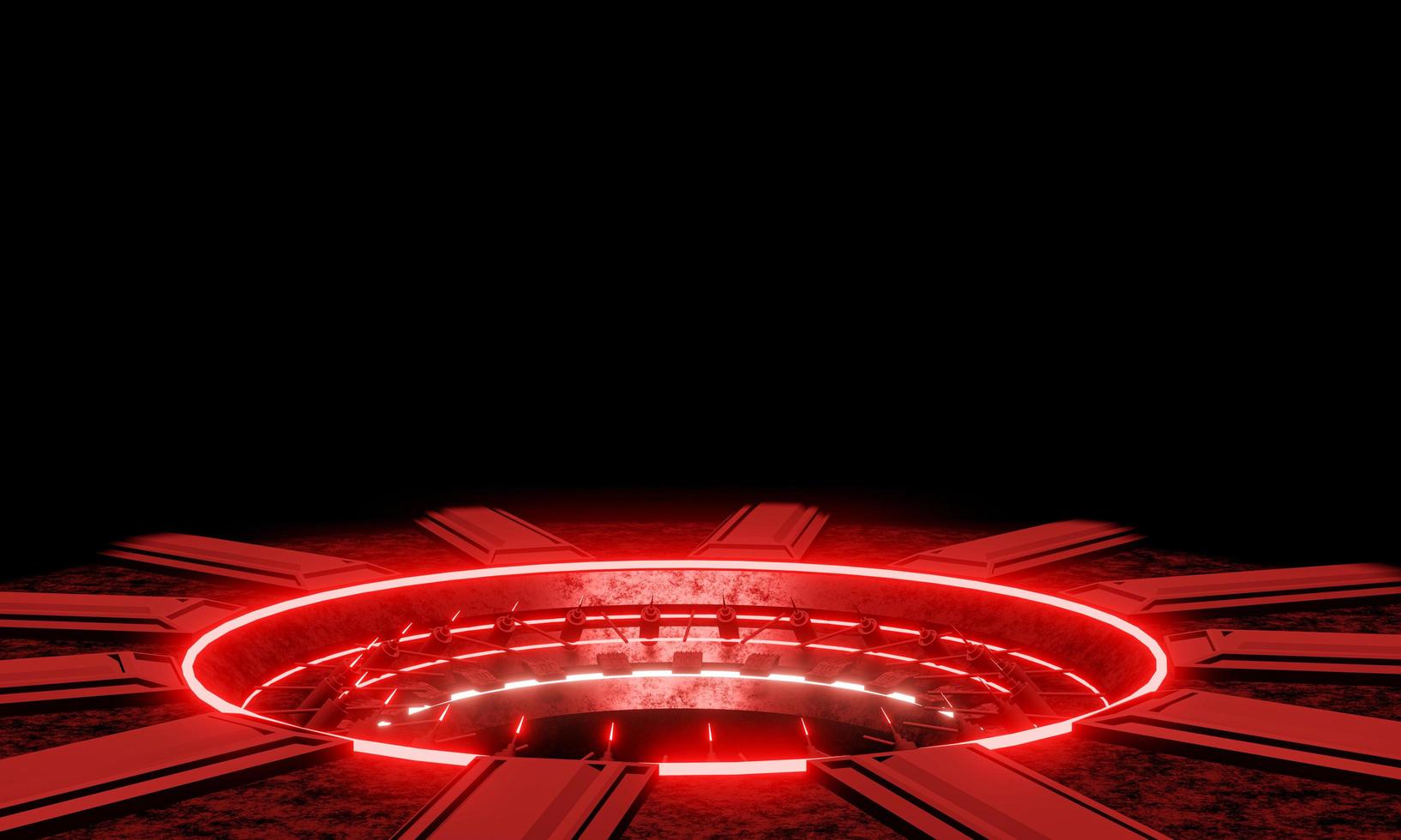 The charging station, red glow technology, metal base with rust stains, dark background, and black .3D Rendering photo