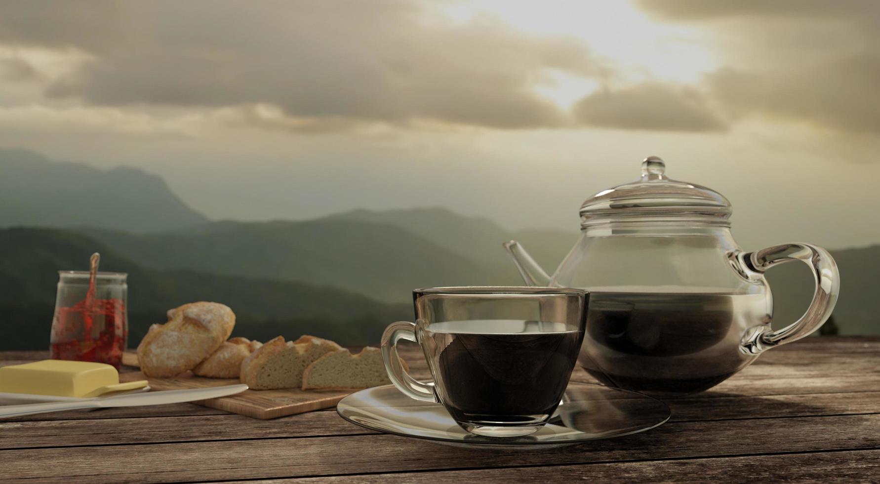 café negro en una taza de café transparente y una olla en una mesa de madera con vistas a la montaña. representación 3d foto