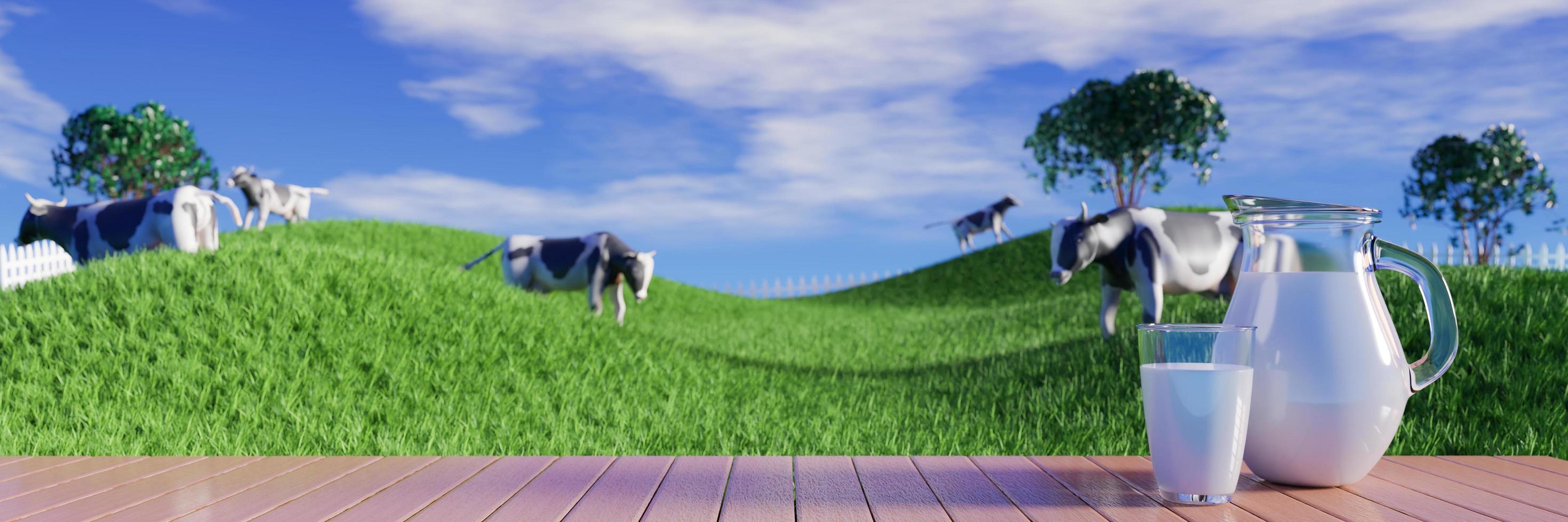 leche fresca en vaso transparente y jarra de leche en el suelo de tablones reflectantes. las vacas de pradera verde brillante caminan libremente y disfrutan comiendo hierba. cielo azul claro con nubes blancas. representación 3d foto