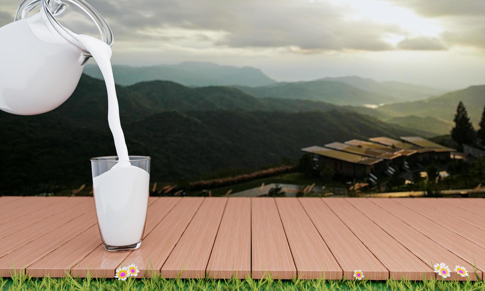 Pour fresh milk from the jug into a clear glass and place it on a wooden plank. Drink for breakfast. The mountain background in the morning has sunlight. Sunlight shines on the mountain. 3D Rendering. photo