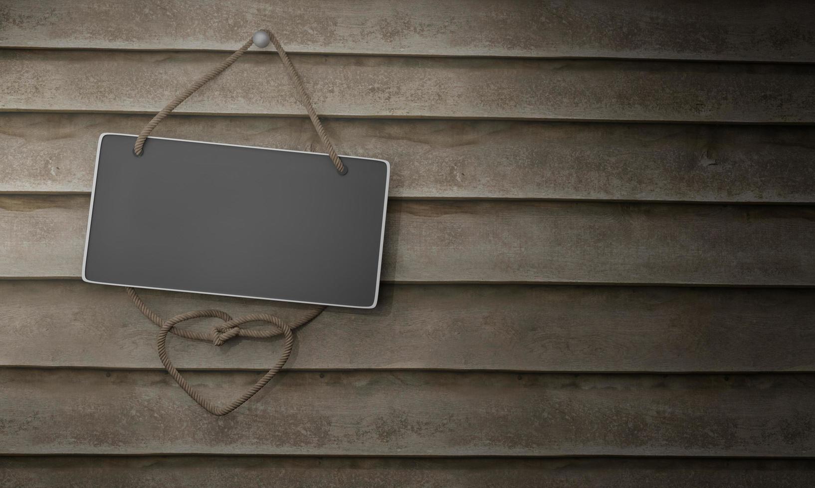 Blackboard with rope hanging on wooden wall and plank. Copy space  3d rendering. photo