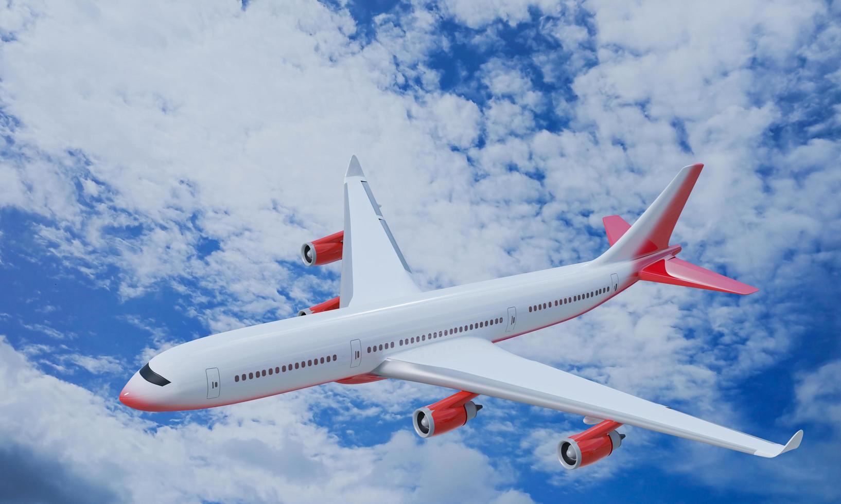 avión de pasajeros rayas rojas blancas volando en el cielo en un día azul brillante, nubes blancas durante el día. para ver, vea la parte superior de la máquina y el ala superior. representación 3d foto