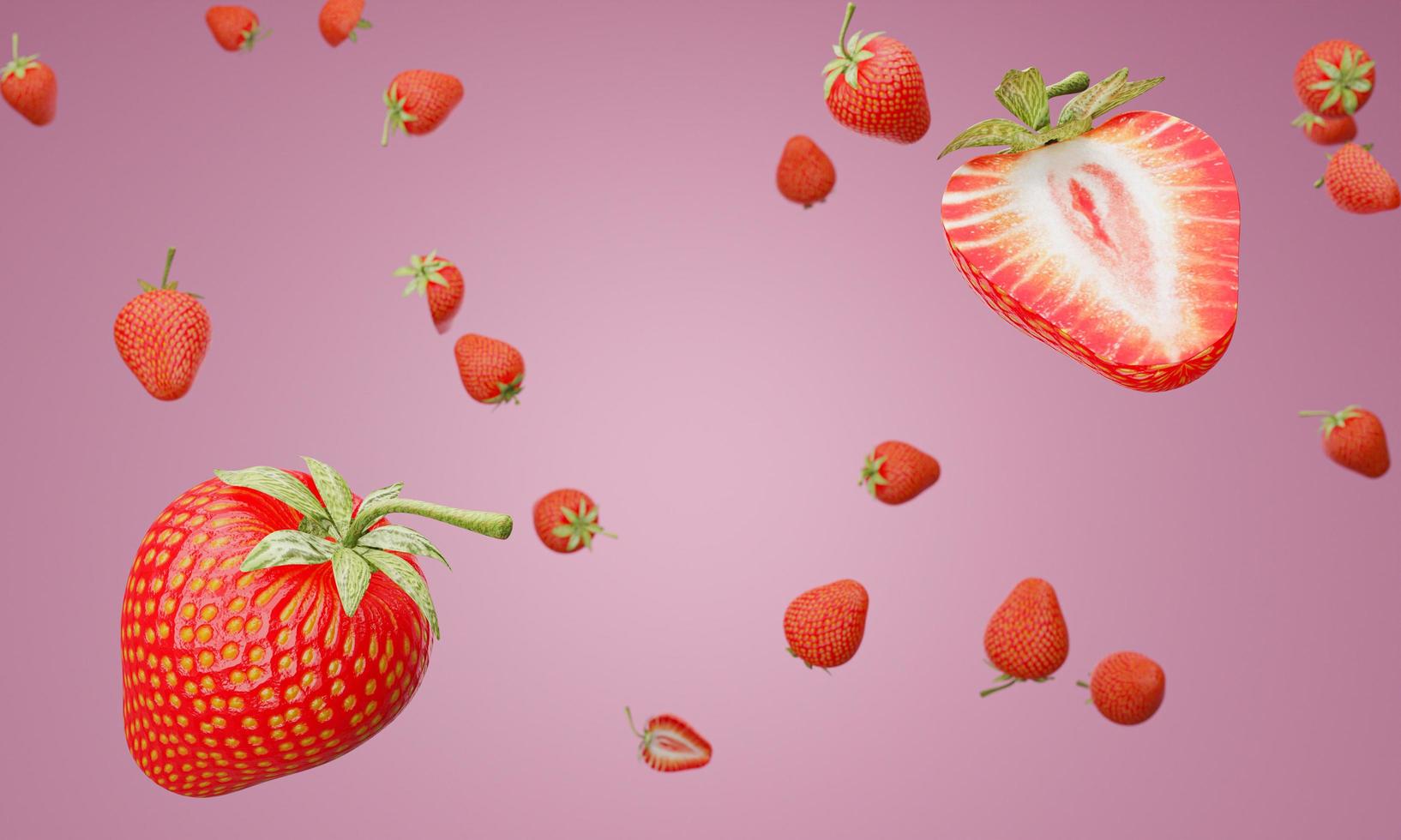 las fresas están llenas y muchas mitades están cayendo desde arriba. tienen fondos de color rosa pastel para usar como fondo de pantalla o fondo. representación 3d foto
