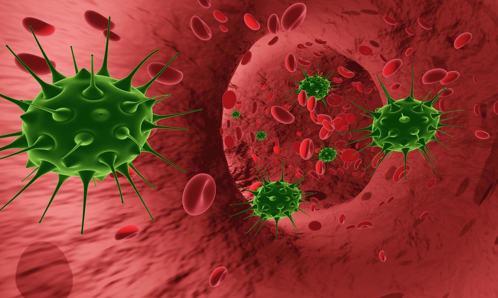 maqueta de virus o bacterias y glóbulos rojos en una arteria o vaso sanguíneo, flujo dentro del cuerpo, atención médica humana. crisis del virus corona de wohan china. representación 3d foto