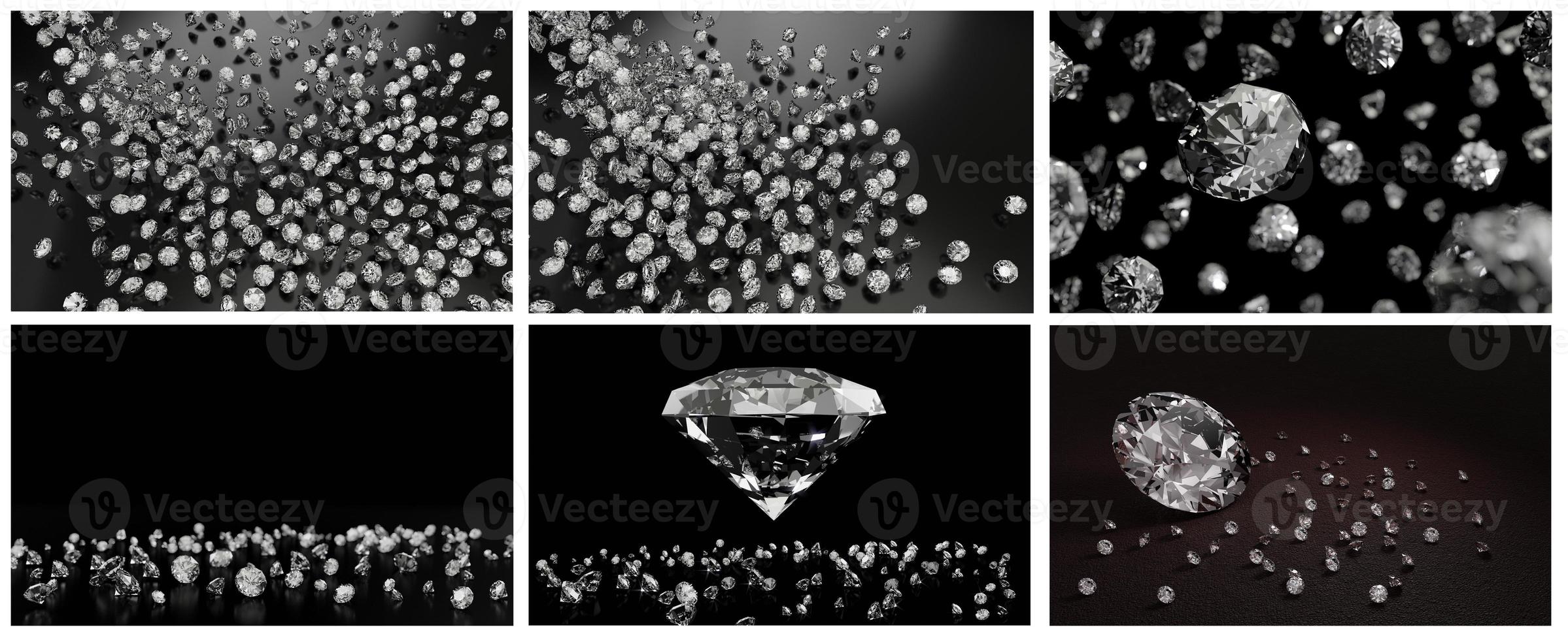Conjunto de renderizado 3d de diamantes de muchos tamaños en una superficie gris oscuro foto
