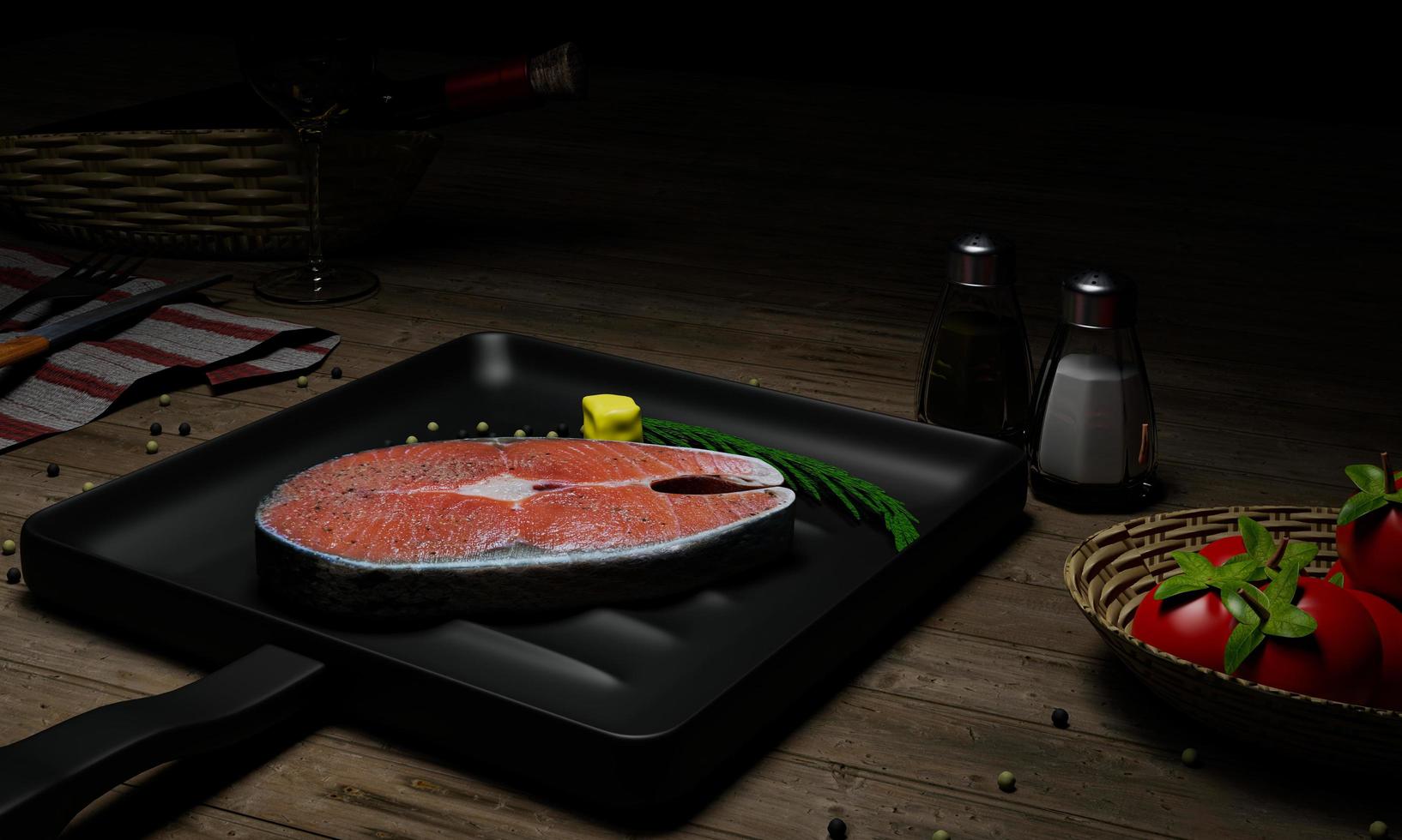 salmón fresco, cortado en trozos para hacer filete de pescado colocar en una sartén de teflón. espolvorea con chiles tailandeses y sal molida para sazonar. sobre la mesa con botellas de vino y cestas de tomate. representación 3d foto