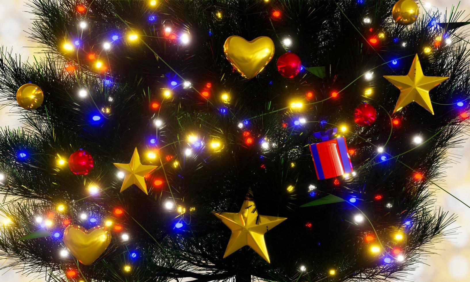 pinos decorativos para la temporada navideña, bolas decorativas y luces intermitentes, celebraciones navideñas y de año nuevo. brillante luz dorada fondo bokeh alegría. representación 3d foto