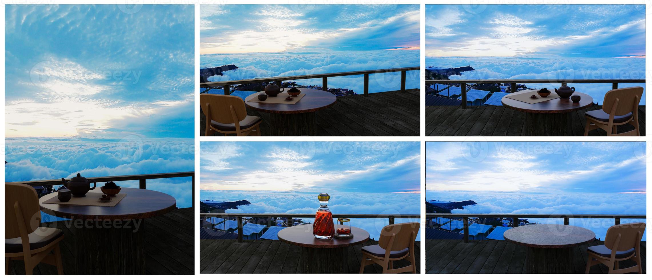 Ceramic tea set and dry tea leave on a wooden table and chair on the balcony or terrace made of wood. Mountain with morning sea of mist and sunshine. Hot tea on the mountain atmosphere. 3D Rendering photo