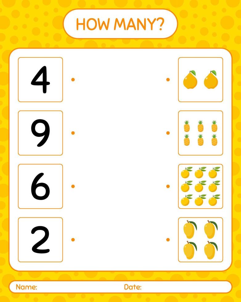How many counting honeydew melon, lemon. worksheet for preschool kids, kids activity sheet, printable worksheet vector